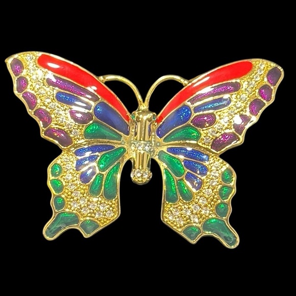 Vibrant, butterfly, enamel, rhinestone, gold tone, brooch, pin blue red green - Picture 1 of 7